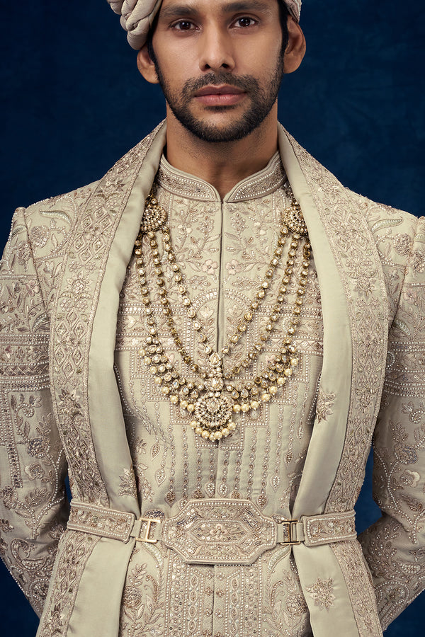Olive Green Raw Silk Embroidered Groom Sherwani with Bead Work
