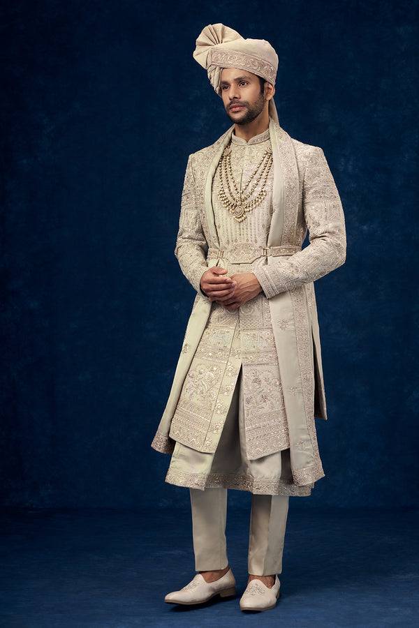 Olive Green Raw Silk Embroidered Groom Sherwani with Moti Work
