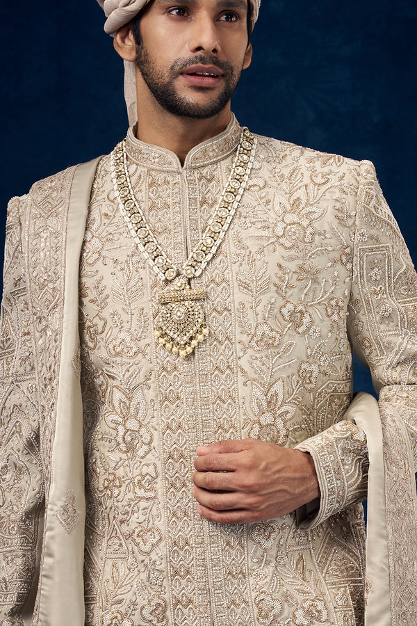 Olive Green Raw Silk Embroidered Groom Sherwani with Moti Work