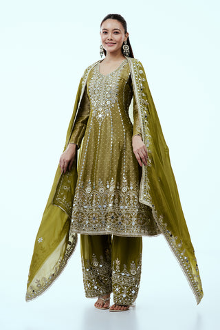 Olive Green Shimmer Tissue Sharara Set with Mirror and Gota Work
