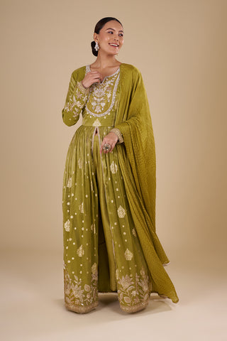 Olive Green Silk Blend Anarkali Set