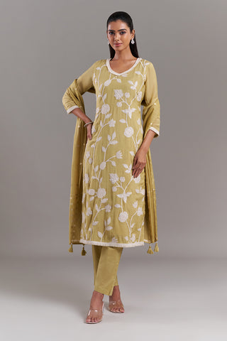 Olive Green Tissue Applique Kurta Set