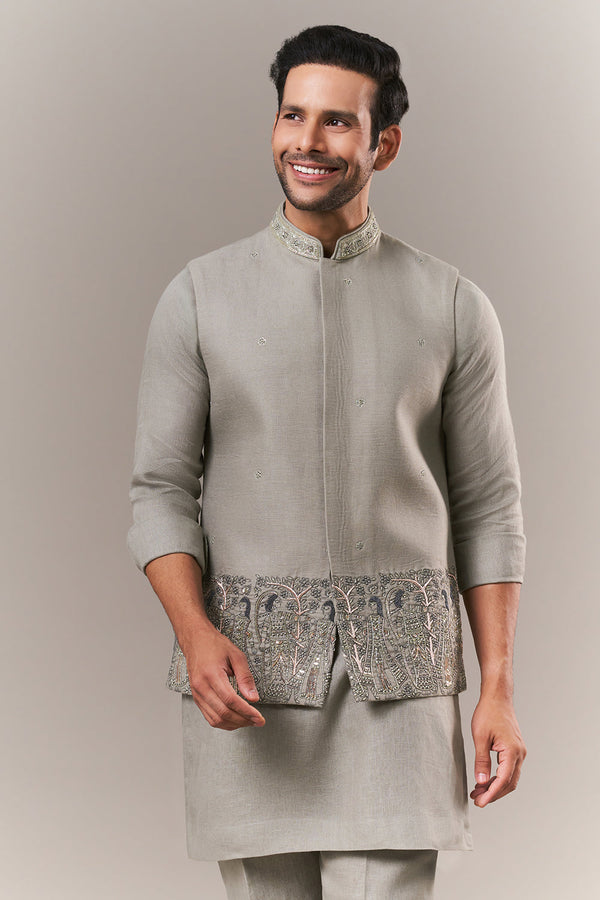 Olive Linen Mens Kurta Jacket Set with Cutdana and Sequins Work