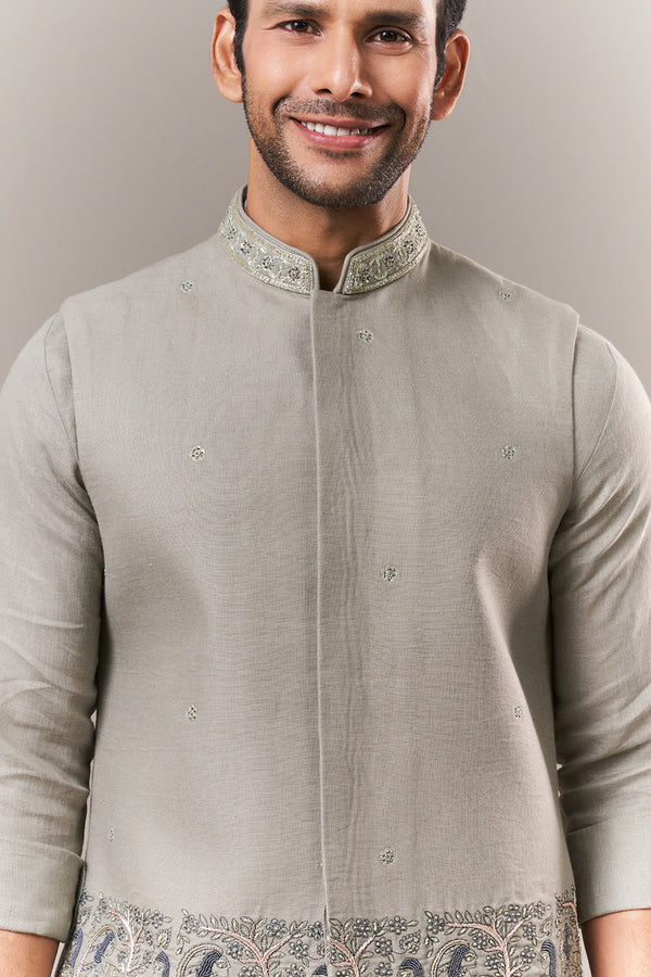 Olive Linen Mens Kurta Jacket Set with Cutdana and Sequins Work