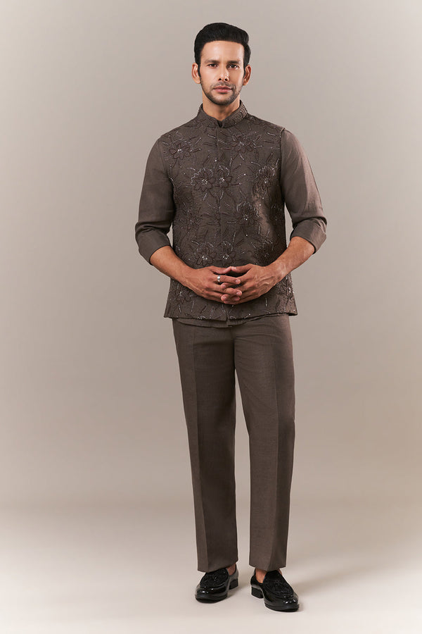 Olive Linen Short Mens Kurta Jacket Set with Cutdana and Sequins Work