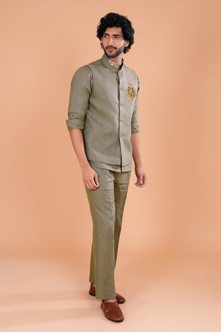 Olive Regal Crest Linen Men's Bundi Set