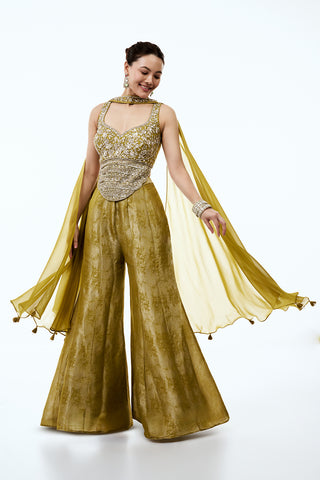 Olive Yellow Tissue Indo Western Set with Sequins and Cutdana Work