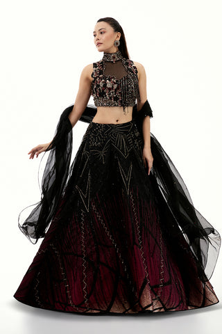 Ombre Black Organza Lehenga with Applique and 3D Floral Work