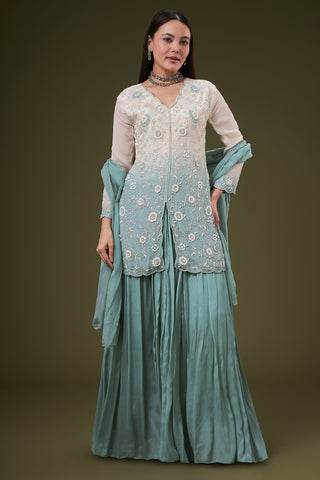 Ombre Blue Chinon Palazzo Suit with Resham and Pearl Work