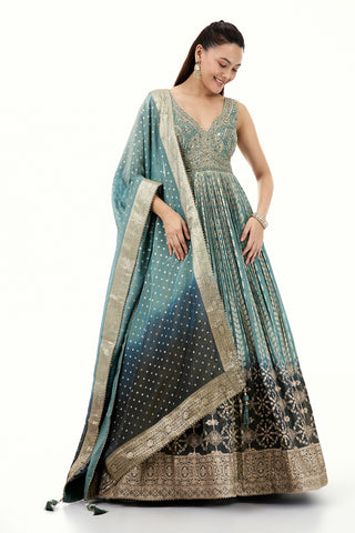 Ombre Brocade Anarkali Suit with Zari and Mirror Work
