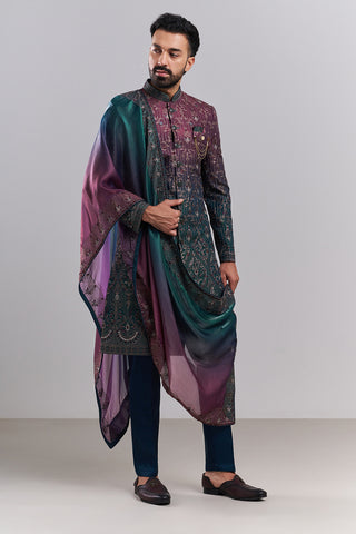 Ombré Green Tissue Silk Embroidered Sherwani