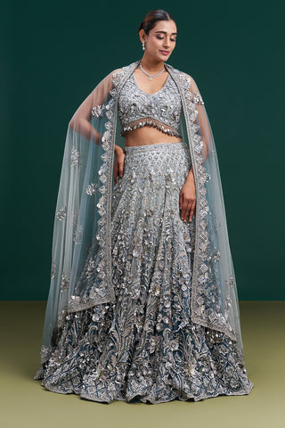 Ombre Grey Net Bridal Lehenga with 3D Floral and Vine Embroidery