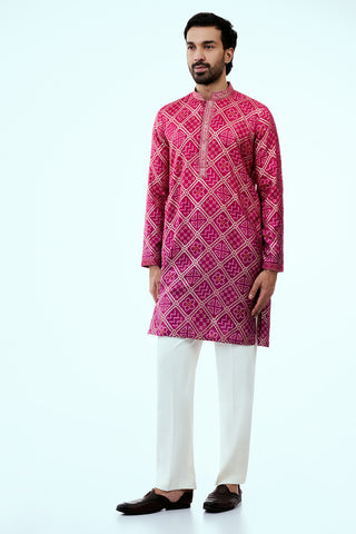 Ombre Rani Pink Blue Silk Bandhani Mens Kurta Set with Multicoloured Threadwork