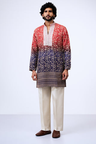 Ombre Red Georgette Floral Zari Embellished Kurta Set