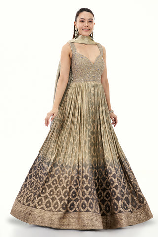 Ombre Silver Grey Brocade Anarkali Suit with Zari and Cutdana Work