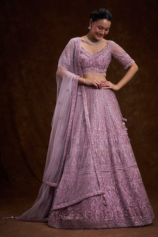 Lilac Net Bridal Lehenga with Sequins and Cutdana Work