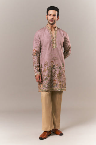Onion Pink Raw Silk Mens Kurta Set with Resham and Sequin Work