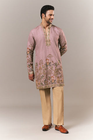Pink Viscose Mens Kurta Set with Dori and Sequins Work