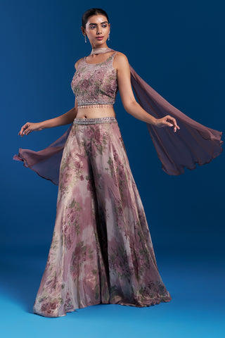 Onion Pink Shimmer Zari Palazzo Set with Crystal Work