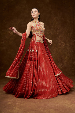 Orange Chiffon Crepe Lehenga with Resham and Pearl Work