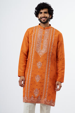 Orange Embroidered Men's Kurta Set