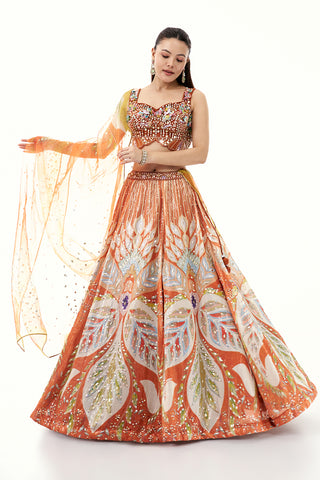 Orange Printed Lehenga with 3D Floral and Bead Work Blouse