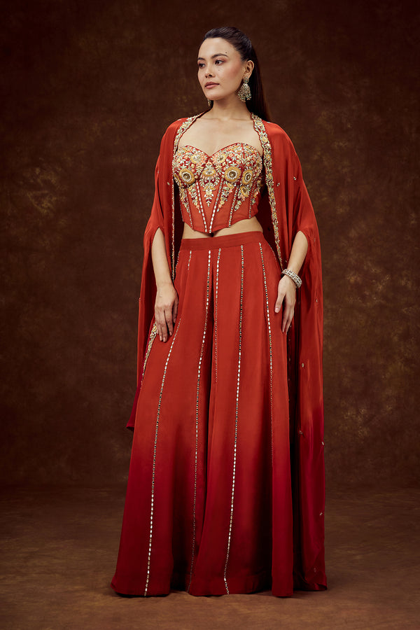 Orange Satin Crepe Cape Set with Thread and Mirror Work