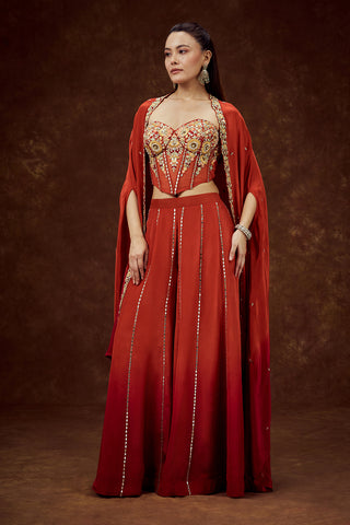 Orange Satin Crepe Cape Set with Thread and Mirror Work