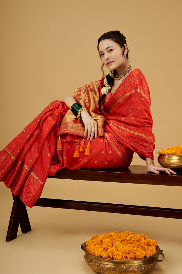 Orange Satin Silk Saree with Zari Work