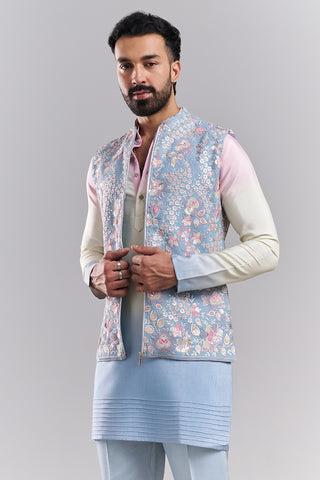 Pastel Blue Linen Satin Men’s Kurta with Embroidered Jacket