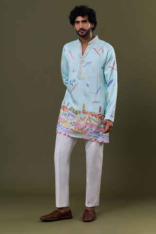 Pastel Blue Polyester Cotton Artistic Printed Kurta Set