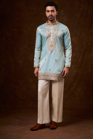 Pastel Blue Tissue Silk Men's Kurta Set with Dori Work