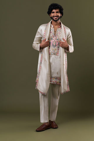 Gold Tissue Silk Mirror Embellished Kurta Set with Stole