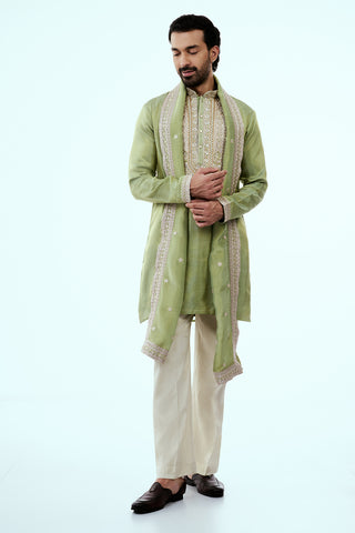 Pastel Green Tissue Mens Kurta Set in Dori Work with Dupatta