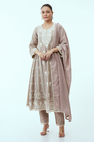 Light Grey Mul Cotton Suit Set with Lucknowi Embroidery