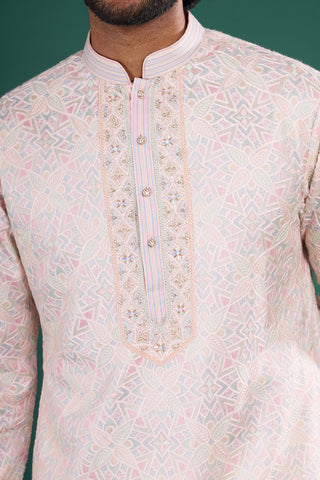 Pastel Pink Men's Embroidered Silk Blend Kurta Set