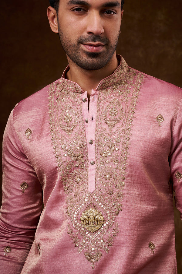 Pastel Pink Tissue Silk Men's Kurta Set with Resham Work