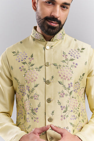 Pastel Yellow Nokia Silk Men’s Kurta with Embroidered Jacket