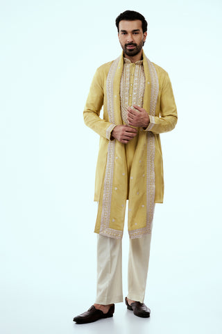 Pastel Yellow Tissue Mens Kurta Set  in Dori Work with Dupatta