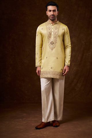 Pastel Yellow Tissue Silk Men's Kurta Set with Resham Work