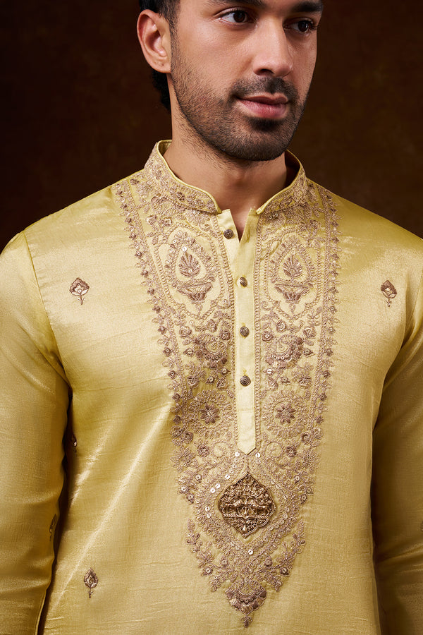 Pastel Yellow Tissue Silk Men's Kurta Set with Resham Work