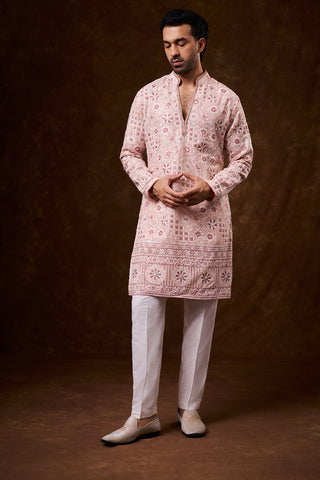 Peach Georgette Men's Kurta Set with Resham Work