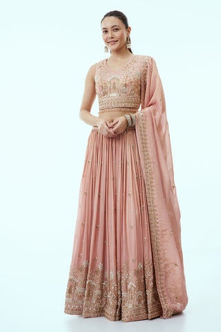 Peach Tissue Lehenga with Cutdana and 3D Tiki Work