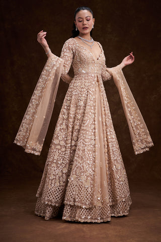 Peach Net Bridal Jacket Lehenga with Cutdana and Bead Embellishments