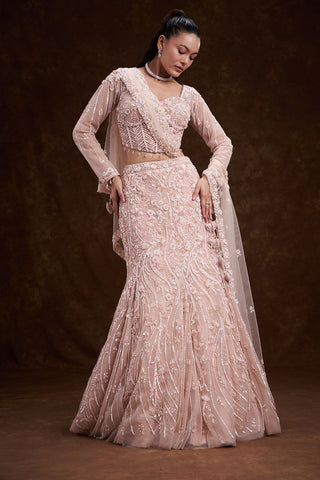 Peach Net Bridal Lehenga with Corset Blouse and Fish-Cut Silhouette