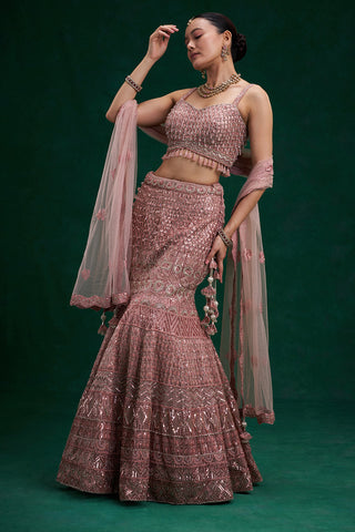 Peach Net Bridal Lehenga with Cutdana, Sequin and Bead Work