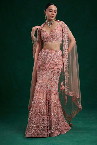 Peach Net Bridal Lehenga with Cutdana, Sequin, Pearl and Bead Work