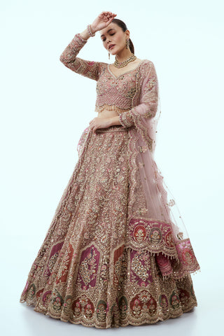 Peach Net Lehenga with Dabka and Resham Embroidery