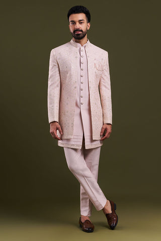 Peach Nokia Silk Men's Indo-Western Set