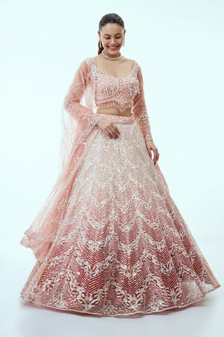 Peach Ombre Net Lehenga with Sequin and Moti Embroidery